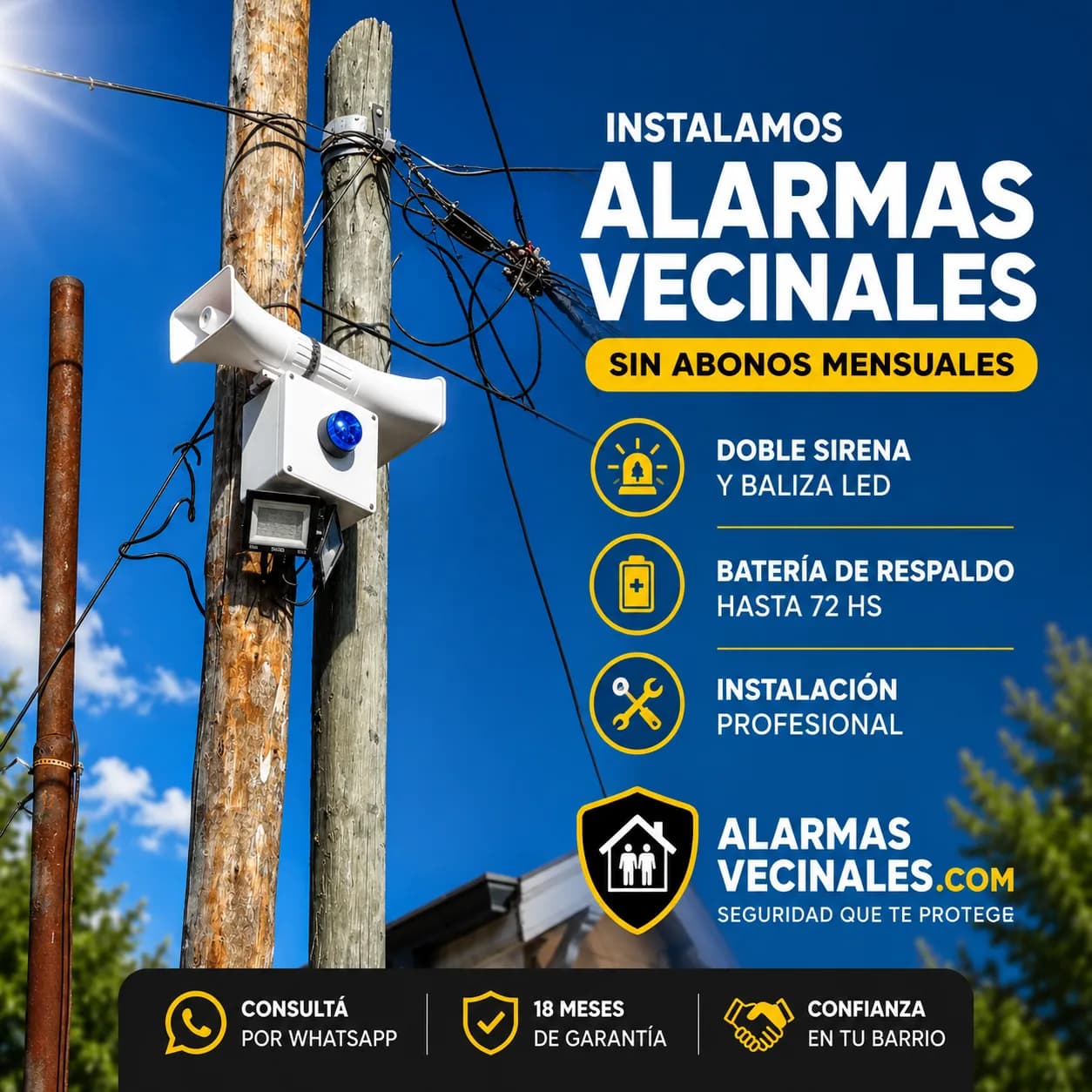 Alarma vecinal instalada en un poste con sirena, baliza azul y reflector