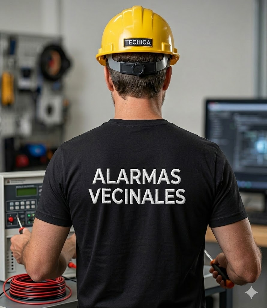 Técnico especializado instalando sistema de seguridad vecinal