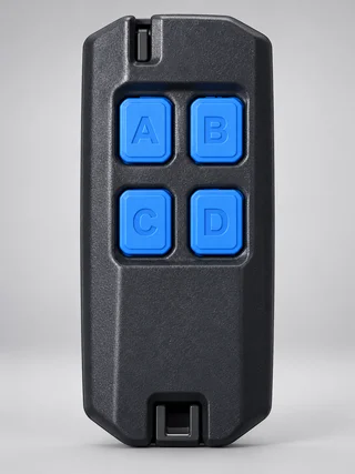 Control remoto de la alarma vecinal con cuatro botones azules A, B, C y D