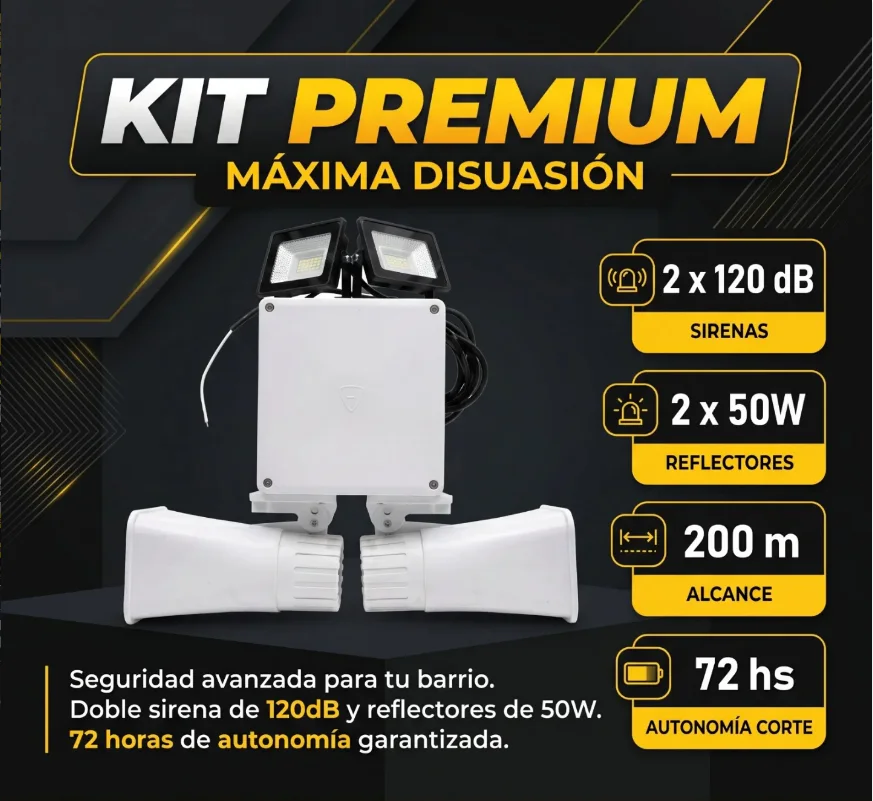 Presentación visual del Kit Premium de alarma vecinal con sirenas, reflectores y gabinete exterior.